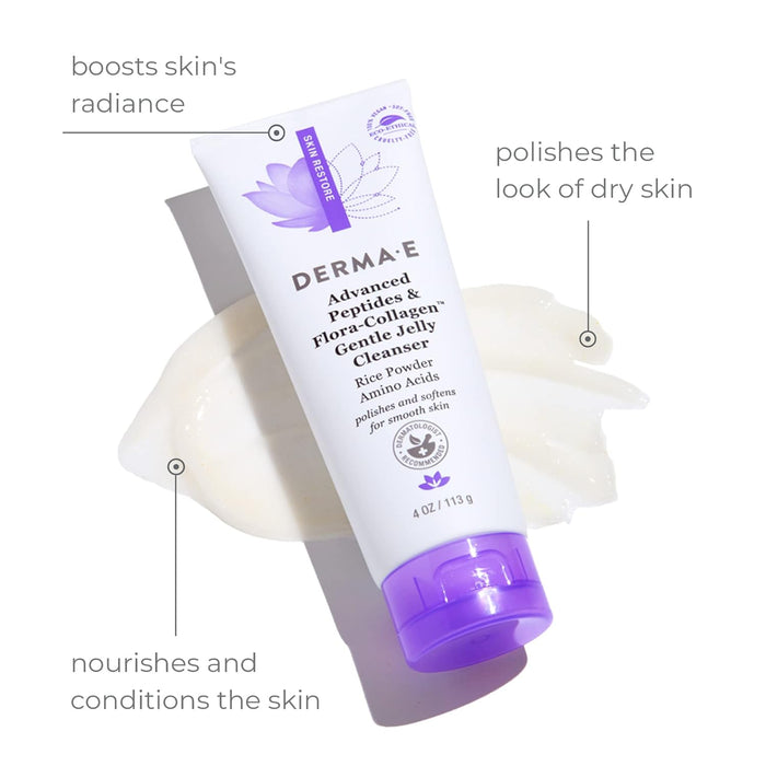 Derma E Advanced Peptides and Vegan Flora-Collagen Gentle Jelly Cleanser – Cleansing Face Wash Brightens, Hydrates and Reduces Appearance of Facial Lines and Wrinkles, 4 Oz