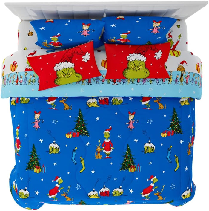 Franco Grinch by Dr. Seuss Holiday & Christmas Bedding Super Soft Comforter and Sheet Set with Sham, 7 Piece King Size (Official Dr. Seuss Product)
