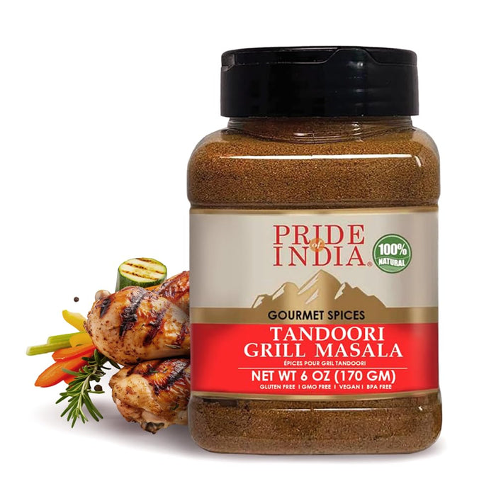 Pride of India – Tandoori Grill Masala – Blend of Exotic & Gourmet Spices – Ideal for Vegetable, Meat & Chicken Cooking – GMO Free – Easy to Use - 7 oz. Medium Dual Sifter Bottle