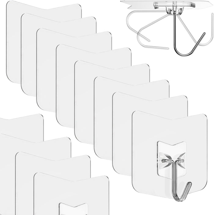 Heavy Duty Adhesive Hooks 12 Pack - Holds 15 lbs, No Residue Wall Hooks for Bathroom, Kitchen, Dorm - Strong Sticky Hooks for Tile, Glass, Wood