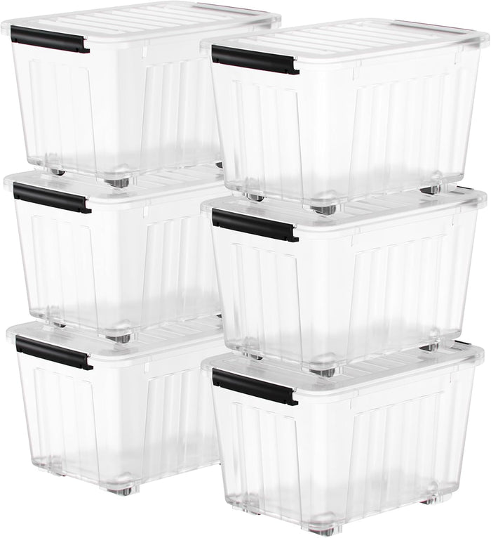 Nazhura 97 Quart Plastic Storage Bin, Stackable and Nestable Storage Boxes with Yellow Lids and Secure Latching Buckles, Large Storage Container (Black/Yellow, 97Quart-4Pack)