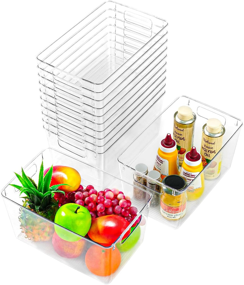 12 Pack Middle Organizers and Storage, Pantry Organization and Storage Bins, Cabinet Organizer, Clear Plastic Storage Containers with Handle，Acrylic Storage Bins for Cabinet, Fridge