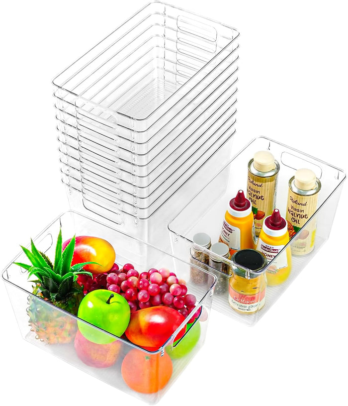 12 Pack Middle Organizers and Storage, Pantry Organization and Storage Bins, Cabinet Organizer, Clear Plastic Storage Containers with Handle，Acrylic Storage Bins for Cabinet, Fridge