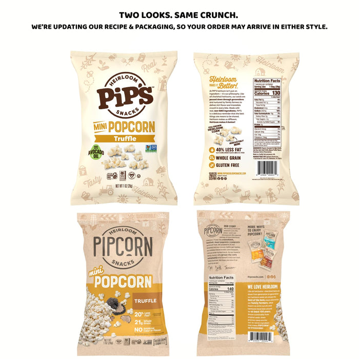 Truffle Mini Popcorn by Pip's Heirloom Snacks – 1oz 24pk – Healthy, Gluten-Free Snack Packs Made From Heirloom Corn, Black Truffle