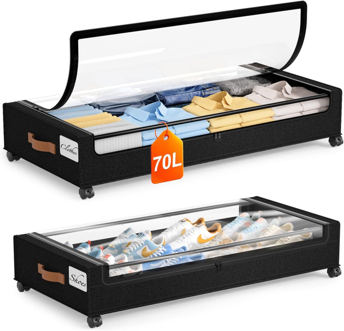 Yecaye Under Bed Storage with Wheels, 2Pack Under Bed Storage Containers, Underbed Shoe Storage Organizer, Rolling Under Bed Metal Drawers for Clothes, Blankets(30.71 x 16.93 x 6.69 in)