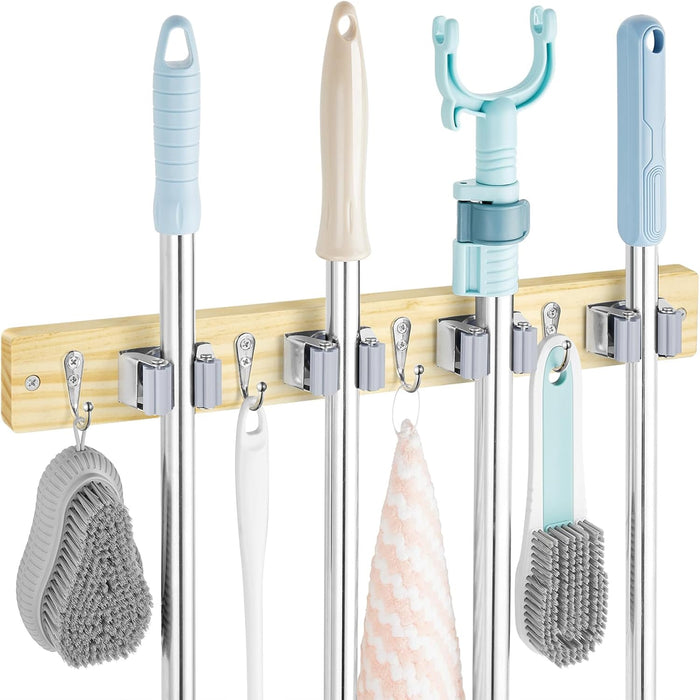Turquoise Mop Broom Holder Wall Mount with 4 Slots & 4 Hooks - Wood Broom Mop Hanger for Pantry Closet Laundry Room Organization - for Teal Kitchen Decor and Accessories