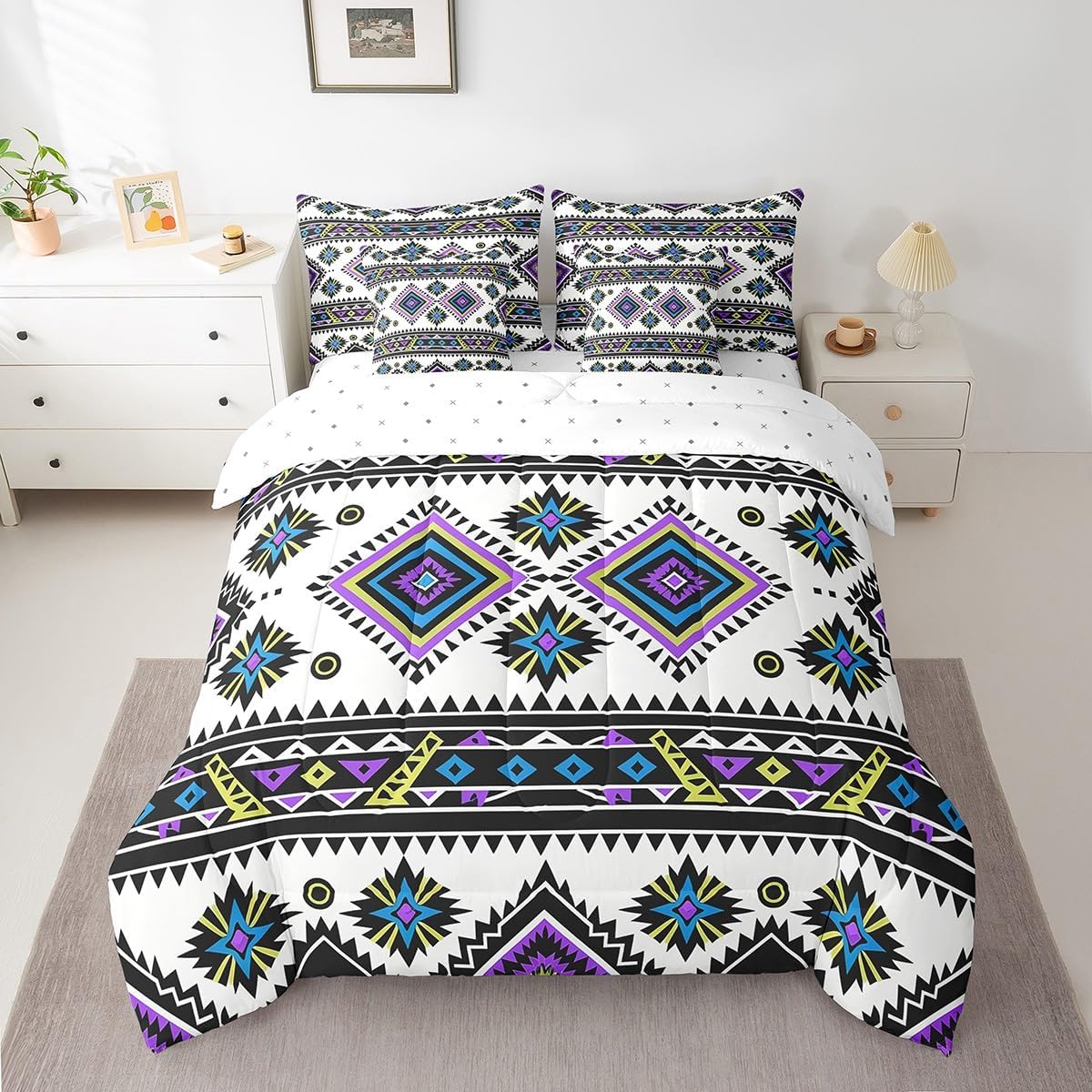 Feelyou Bohemian Bed Set For Kids Boys Girls Twin Size Geometric Striped 7 Pieces Beeding Set Ultra Soft Native American Design Boho Bed in a Bag with Comforter, Sheets, Pillowcases Western Room Decor