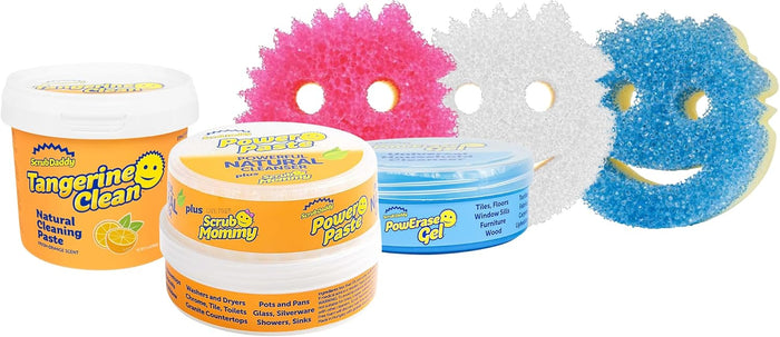 Scrub Daddy Sponges + Household Cleaning Supplies Bundle - PowerPaste Cleaning Putty, Tangerine Clean, PowErase Gel All Purpose Cleaner & Scrub Mommy (3 Pastes & 3 Sponges)