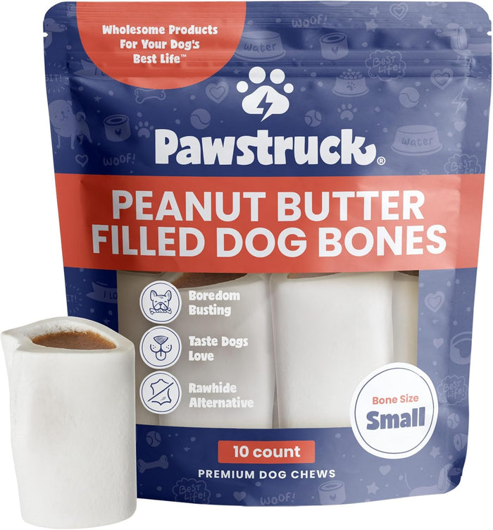 Pawstruck Small 3” Filled Dog Bones Variety Pack - Peanut Butter, Cheese & Bacon, Beef Flavors - Made in USA Long Lasting Stuffed Femur Treat for Aggressive Chewers - Pack of 3 - Packaging May Vary