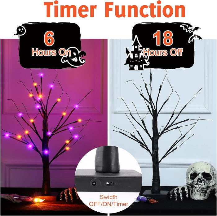 2 Pack 24 Inch Halloween Black Spooky Tree with Orange & Purple Lights, USB&Battery Operated Tabletop Halloween Black Tree with Timer for Indoor Home Holiday Party Decorations