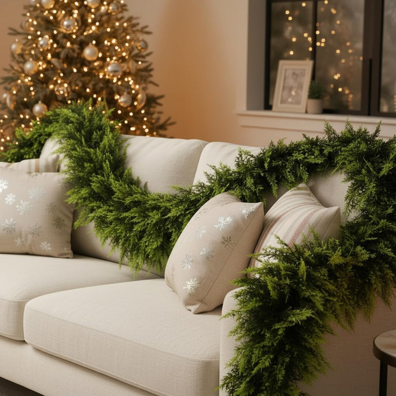 2 Pcs 6 FT Christmas Cedar Garland, Real Touch Soft & Thickness Greenery Pine Garland for Mantle Table Fireplace Outdoor Indoor Christmas Decorcorations
