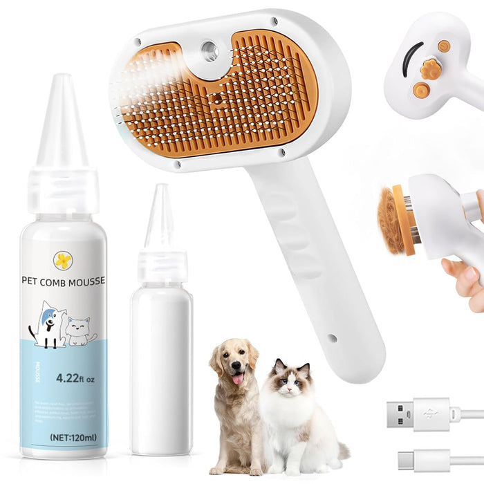 Pet Steam Brush for Dog & Cat – shower bath brush – Steam for Shedding & Grooming Water Brush for Long & Short Haired Pets Spritz Defur Comb 3-in-1 Spray Hair Removal Comb Includes 2*Waterless Shampoo