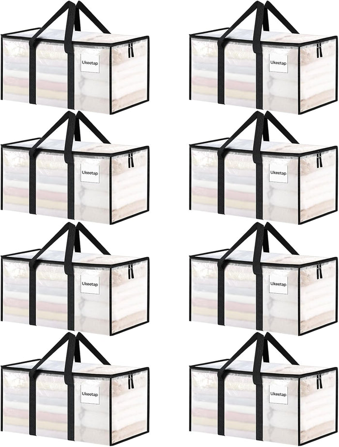 8 Pack Extra Large Heavy Duty Moving Bags, Clear Storage Bins with Lids, Reinforced Handles & Heavy-Duty Zippers Moving Boxes Storage Bags Totes for Clothes Packing, Dorms, College Supplies, Clear