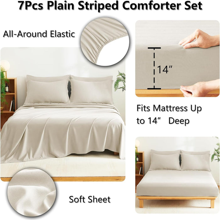 CozyLux Queen Comforter Set Beige - 7 Pieces Striped Seersucker Bed in a Bag, Soft Lightweight Boho Bedding Set with All Season Comforters Queen Size, Sheets, Pillowcases & Shams