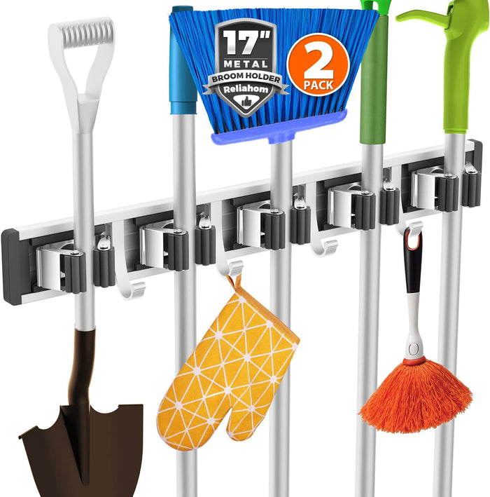 reliahom Broom Holder Wall Mount Mop and Broom Hanger Wall Mounted Garage Storage Rack Kitchen Garden Tool Organizer (4 Racks with 5 Hooks, Black)