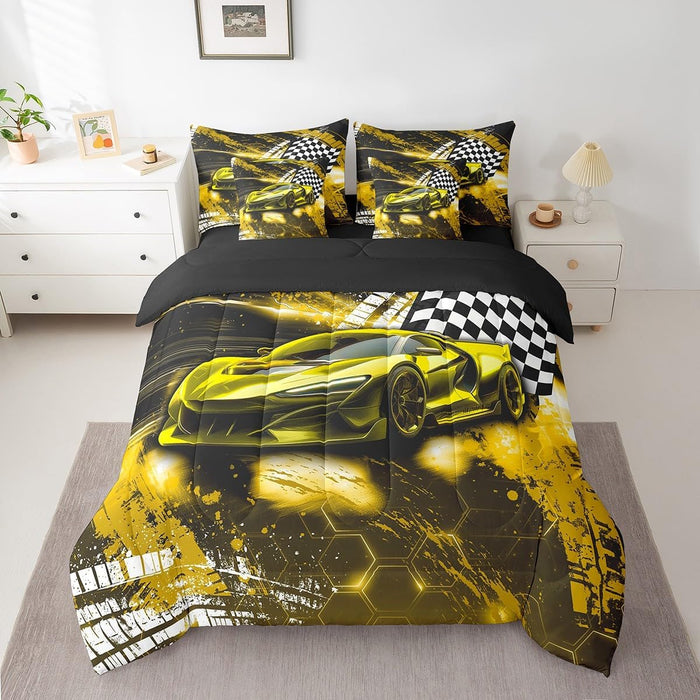 Feelyou Race Car Bed Set for Kids Boys Girls Twin Size Speed Honeycomb Prints 7 Pieces Beeding Set Ultra Soft Extreme Sports Bed in a Bag with Comforter, Sheets, Pillowcases Sports Car Cool Car