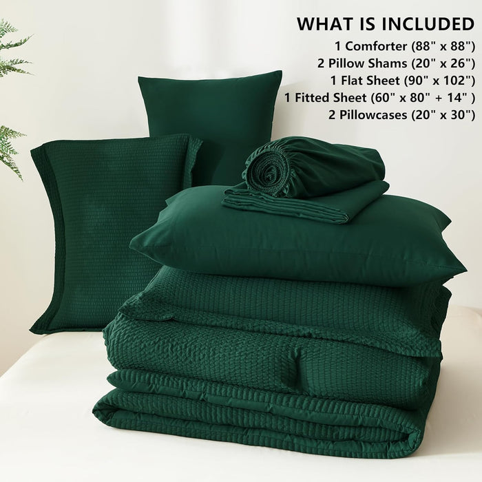 CozyLux Queen Comforter Set Emerald Green - 7 Pieces Striped Seersucker Bed in a Bag, Soft Lightweight Boho Bedding Set with All Season Comforters Queen Size, Sheets, Pillowcases & Shams