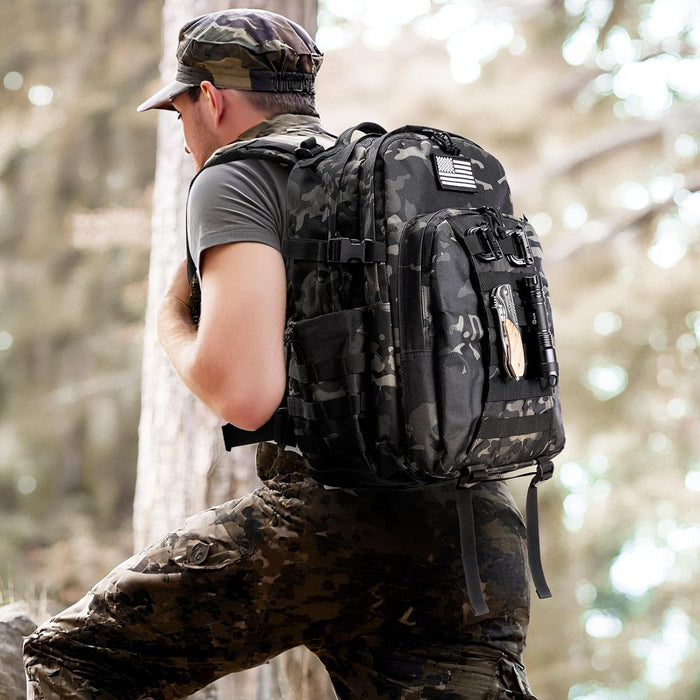 Tactical Backpack for Men, Military Army Rucksack 40L Large Molle Army Assault Pack with Bottle Holder, Day Pack Bug out Bag Survival Backpack for Hiking, Hunting, Travel, Camping, Black Camo
