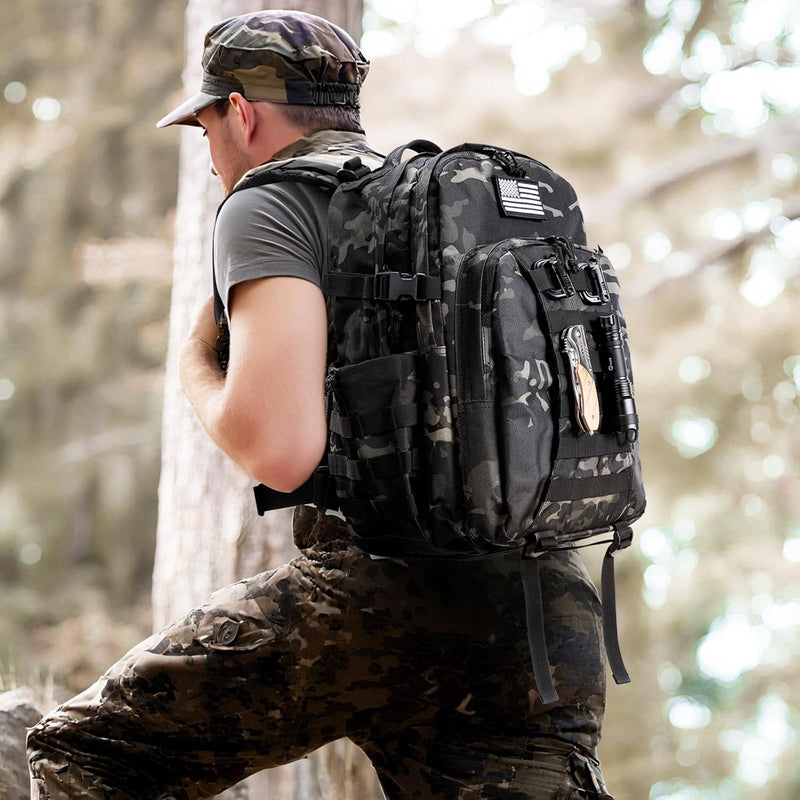 Tactical Backpack for Men, Military Army Rucksack 40L Large Molle Army Assault Pack with Bottle Holder, Day Pack Bug out Bag Survival Backpack for Hiking, Hunting, Travel, Camping, Black Camo