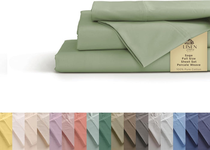 Linen Home 100% Cotton Percale Sheets Queen Size, Ivory, Deep Pocket, 4 Pieces Set - 1 Flat, 1 Deep Pocket Fitted Sheet and 2 Pillowcases, Crisp Cool and Strong Bed Linen