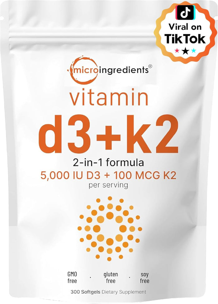 Micro Ingredients Vitamin D3 10,000 IU + K2 MK-7 200 mcg, 300 Softgels | Virgin Coconut Oil | 2-in-1 Bone, Immune & Heart Support | Easy to Swallow, Non-GMO
