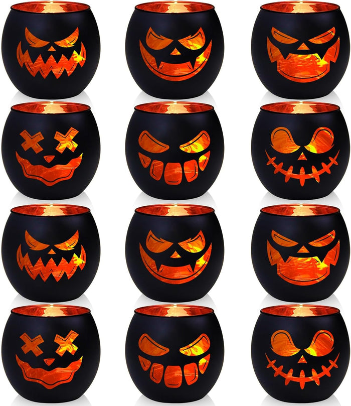 Halloween Table Decor Set of 6, Jack O Lanterns Black Glass Votive Tealight Candle Holders, Halloween Decorations Indoor Party Mantel Coffe Table Centerpiece Decor