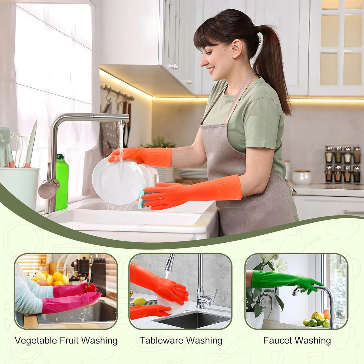 3 Pairs Rubber Dishwashing Gloves,Rubber Cleaning Gloves, Reusable Kitchen Glove for Household,Waterproof