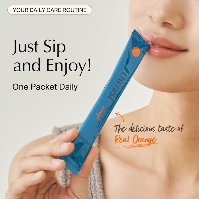 Ownist Triple Collagen Liquid Packets On-The-Go - Peptides with Hydrolyzed Marine Collagen, Elastin, Hyaluronic Acid and Vitamin for Healthy Skin - Orange Flavor - 84 Individual Stick Packs (6 Boxes)