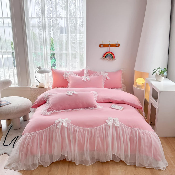 Ruffled Bedding Bow Duvet Cover Set with Butterfly Tie, Full Comforter Cover Set, Shabby Chic Bedding Set,Romantic French Princess Style -Yellow,Full
