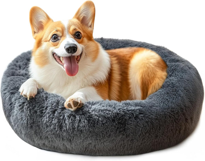 Hoewina Dog & Cat Bed for Indoor Cats, 20in Calming Donut Bed for Puppy and Kitten, Washable Round Fluffy Pet Bed for Small Medium Dogs and Cats (Light Grey)