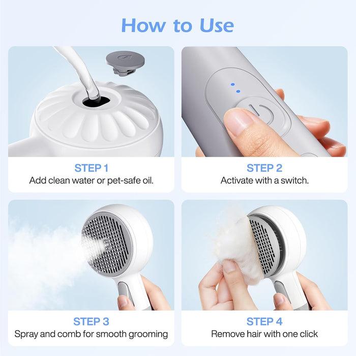 Pet Steam Brush, 3-in-1 Spray Grooming Brush USB Rechargeable, IPX7 Waterproof Deshedding Comb with Self-Cleaning & 2 Speeds for Cats and Dogs with Long Short Hair Cat Brush