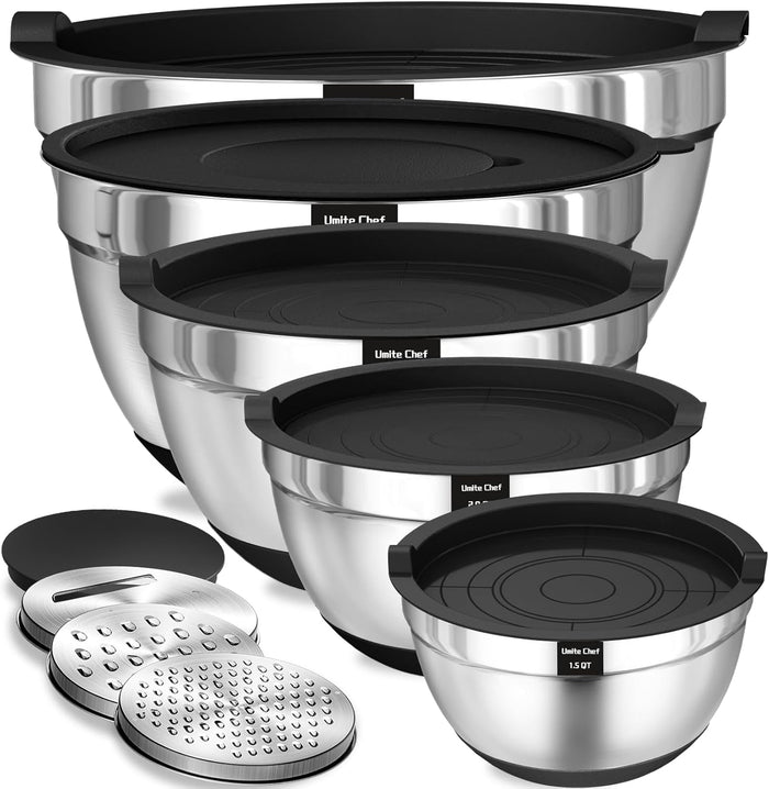 Umite Chef Mixing Bowls with Airtight Lids Set, 8PCS Stainless Steel Khaki Nesting Bowls with Grater Attachments, Kitchen Bowls with Non-Slip Bottoms, Size 5, 4, 3.5, 2, 1.5QT for Mixing & Serving