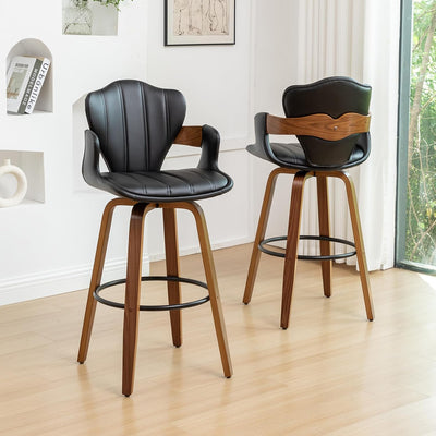 30" Swivel Bar Stools Set of 2,Mid Century Modern Bar Height Bar Stools,Black Upholstered Faux Leather Kitchen Stools with Arms and Fishtail-Shaped Back,Walnut Wood Frame Home Bar Chairs