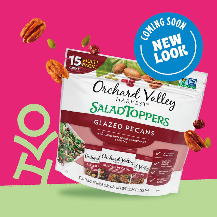 Orchard Valley Harvest Glazed Pecans Salad Toppers, 0.85 Ounce Bags (Pack of 15), with Cranberries and Pepitas, Non-GMO, No Artificial Ingredients, Healthy Snacks for Adults