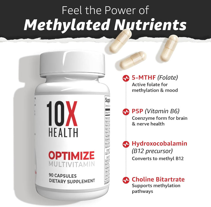 10X Health Optimize Multivitamin for Men - 90 Capsules, Methylated Multivitamin 34 in 1 Formula with 800 mcg of Vitamin B12, 5-MTHF, NAC - Methyl B Complex, MTHFR Supplement