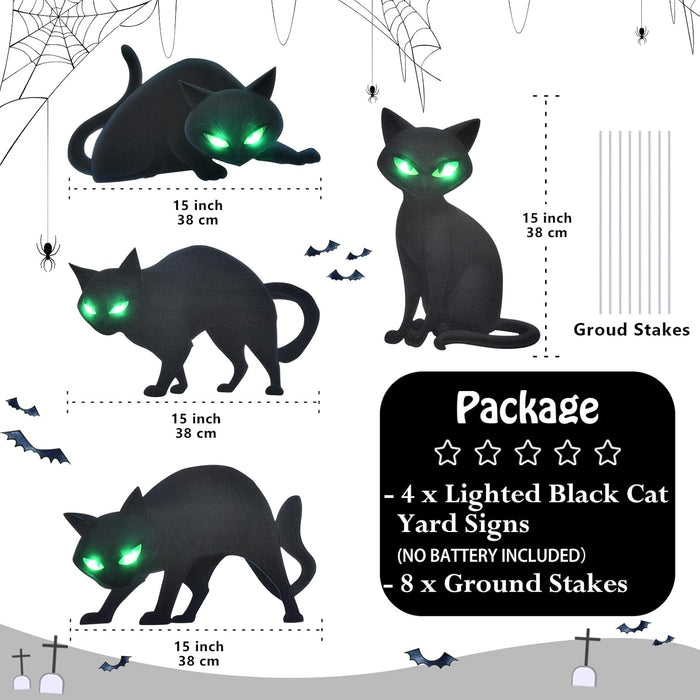 Lighted Black Cat Decor Yard Signs, 4 PCS Halloween Decorations Outdoor Scary Black Cat with LED Lights Glow Eyes for Lawn Garden Yard Stakes Outside Halloween Decoration Decor Clearance