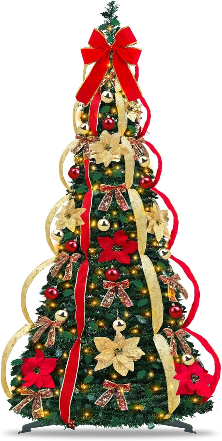7 Ft Pop Up Full Christmas Tree Prelit 8 Modes 250 Warm White Lights Timer,Pre-Decorated 1 Minute Pull Up Christmas Tree 84 Ornaments UL Plug in Collapsible Xmas Trees Outdoor Indoor Holiday Decor