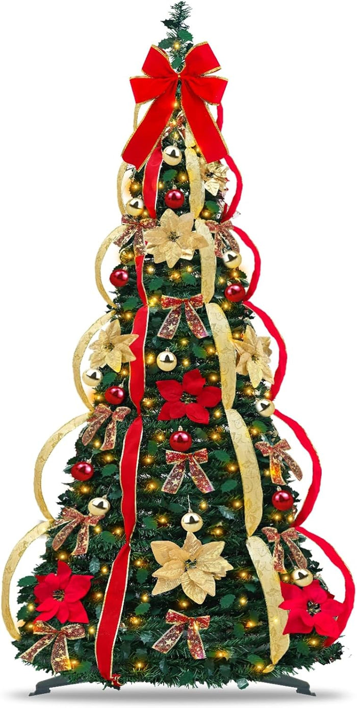 7 Ft Pop Up Full Christmas Tree Prelit 8 Modes 250 Warm White Lights Timer,Pre-Decorated 1 Minute Pull Up Christmas Tree 84 Ornaments UL Plug in Collapsible Xmas Trees Outdoor Indoor Holiday Decor
