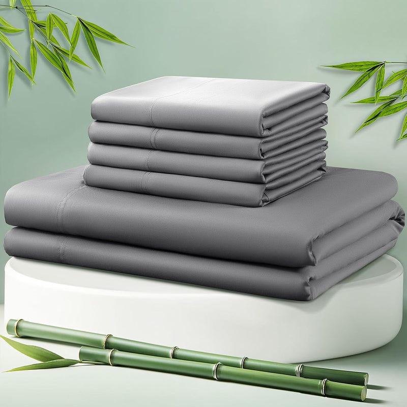 LBRO2M Cooling Bed Sheet 100% Viscose Derived from Bamboo Sheet Set 4 Piece Queen Size,Fit Up to 16" Deep Mattress, 1800 TC Sheet Super Soft Silky Smooth,Breathable Cool Bedding (Queen Dark Gray)