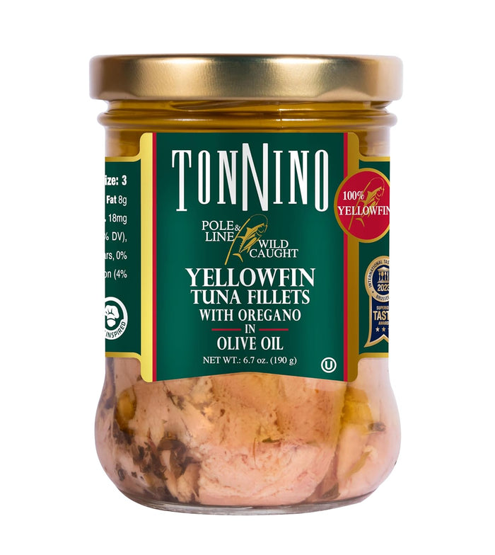 Tonnino Tuna Fish Yellowfin Pole&Line – Oregano – Pack of 6 – Alternative to Salmon – Protein Snacks – Ready to Eat Meals in Jar