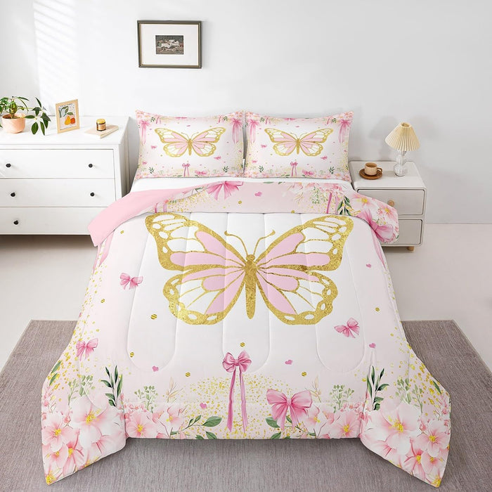 Erosebridal Ribbon Pink Bow Queen Comforter Set,Cute Pink Bows Bedding Set for Girls Teen Kids Bedroom Decor,Coquette Bowknot Bed Set Princess Bowtie Bedding Comforter Sets,2 Pillowcases