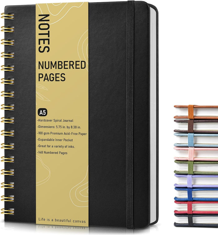 Lined Spiral Journal Notebook, A5 Hardcover Spiral Journals for Women Men, 150 Numbered Pages Spiral Bound Notebook, 100 GSM College Ruled Notebooks for Work, Note Taking 5.75" x 8.38", Olive Green