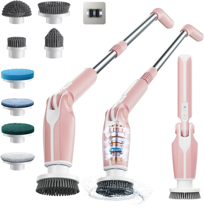 Leebein Electric Spin Scrubber, Shower Scrubber with 4 Adjustable Angles and 8 Brush Heads, Electric Scrubber with Long Handle & Remote Controller, Cleaning Brush for Bathroom, Tub, Floor (Black)