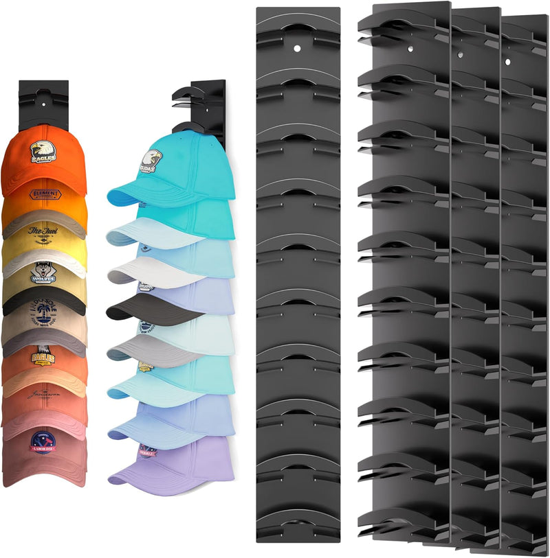 Hat Organizer for Baseball Caps 2Pack, Hat Rack for Wall with Strong Adhesive Hold up to 20 Hats, Hat Hanger Holder Display for Door Closet, Cap Organizer Storage Multilayer Two Mounting Option(Black)
