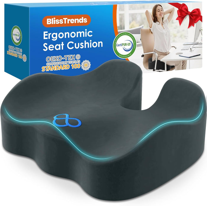 BlissTrends Seat Cushion,Thick Memory Foam Cushions for Office Chair, Car Seat, Airplane, Relieving Pressure Tailbone Sciatica Back Pain for Long Sitting Office Workers, Car Drivers 4.7in Thick Black