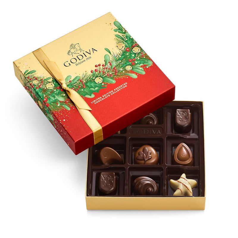 Godiva Holiday Masterpiece Gift Tin, Assorted Milk & Dark Chocolates with Ganache and Caramel, Gourmet Christmas Gift, Kosher & Halal, 50 Pc