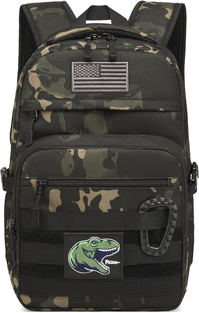 Kids Tactical Backpack Army Molle Bookbag Military Boys Backpack for School, Outdoor, Camping (Includes 2 Patches+1Carabiner), Black Camo