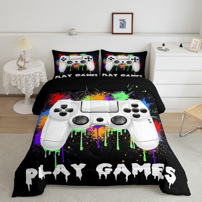 Feelyou Kids Gamer Comforter Set Twin Size, Galaxy Gaming Bedding Set Glitter Game Comforter Boys Girls Gamepad Teens Duvet Set Bedroom Decor Bed Set 2Pcs