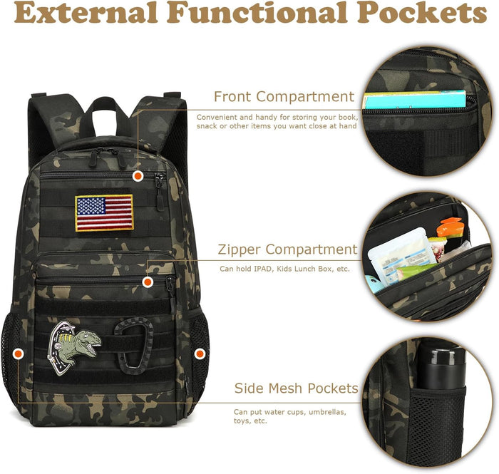Kids tactical Backpack for Boys School Bag 20L mini Children Backpack for Outdoor Camping Travel (Black Camo)