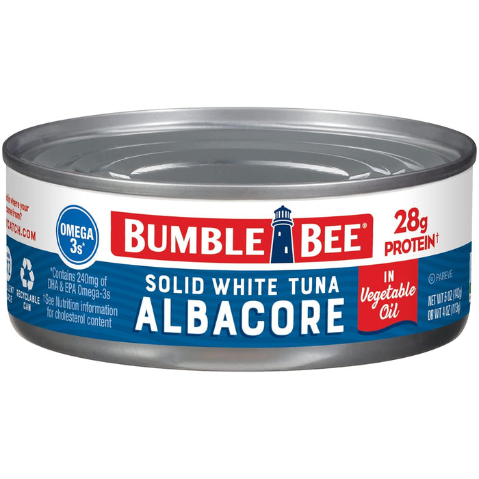 Bumble Bee Solid White Albacore Tuna in Water, 5 oz Can (Pack of 4) - Wild Caught Tuna - 29g Protein per Serving, High in Omega-3s - Non-GMO Project Verified, Gluten Free, Kosher